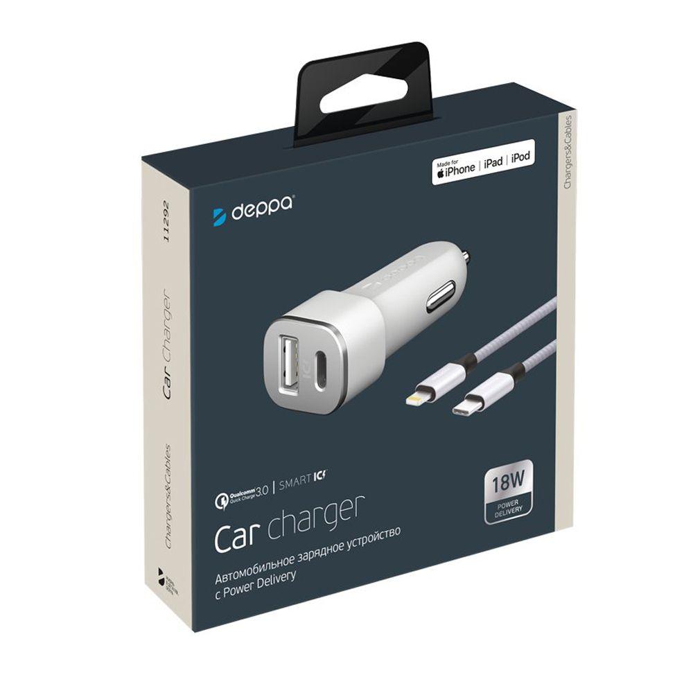 Зарядное устройство автомобильное Deppa USB Type-C + USB A, PD 3.0 + Lightning (MFI), 18Вт, белый - 1