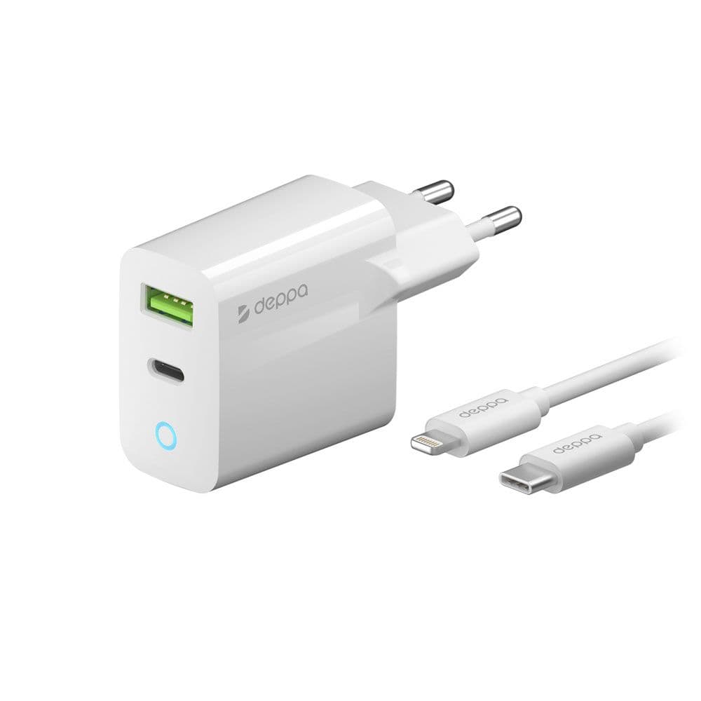 Зарядное устройство сетевое Deppa USB C + USB-A + кабель, 20Вт, белый— фото №0